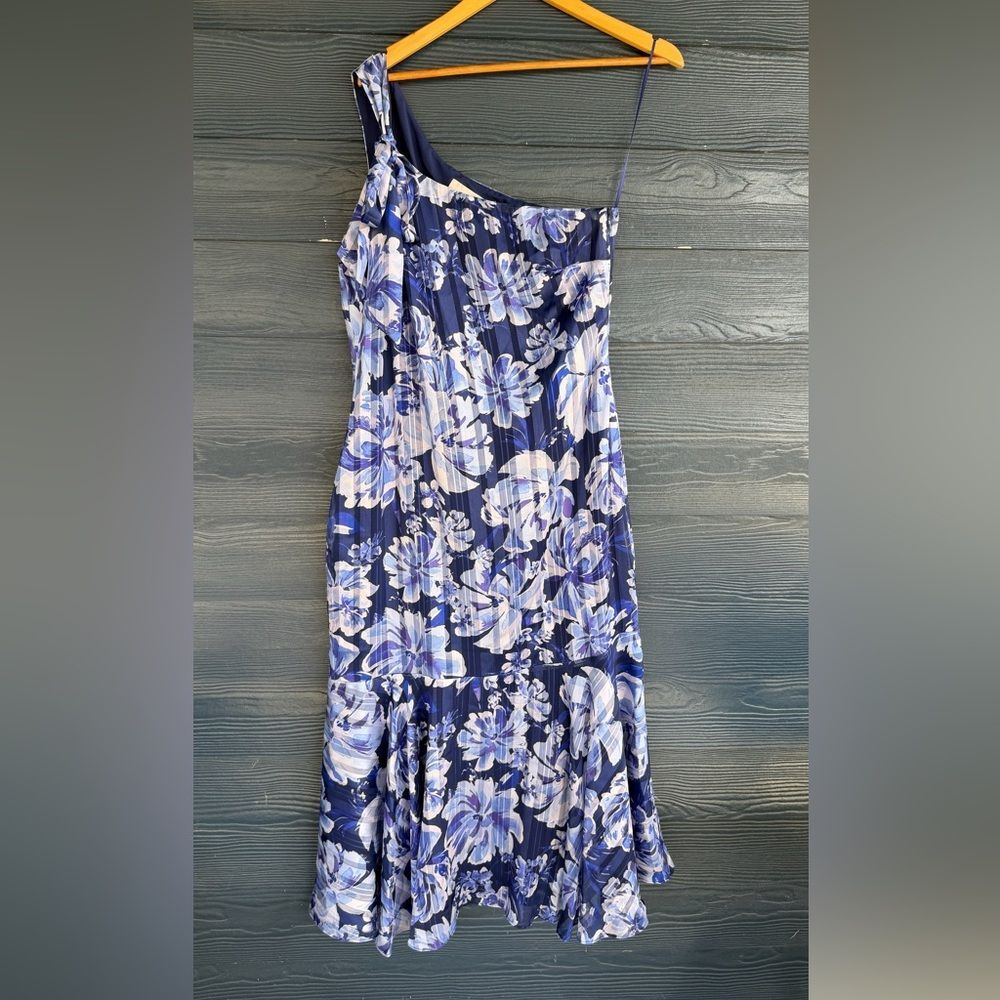 Adelyn Rae Womens L Blue Floral Midi Dress One Shoulder Summer Party - Picture 2 of 10